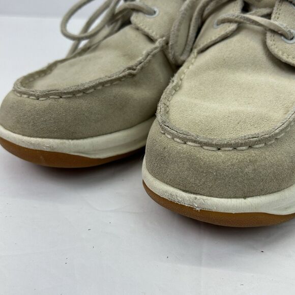 Lands End Boat Shoes Women's 7B Beige Leather Cushioned Insole Casual Slip On - Picture 9 of 14